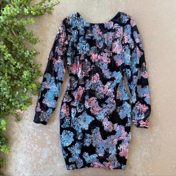 DRESS THE POPULATION Pastel Floral Sequin Black Velvet Backless Mini Dress S - Picture 8 of 10